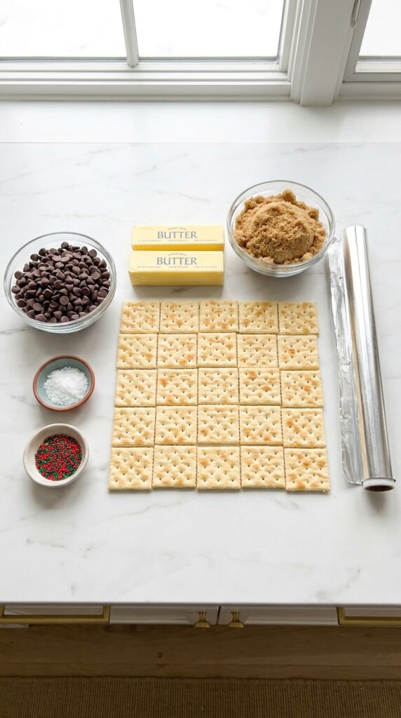 A flat lay showing saltine crackers, butter, brown sugar, chocolate chips, sprinkles, and sea salt on a marble board.