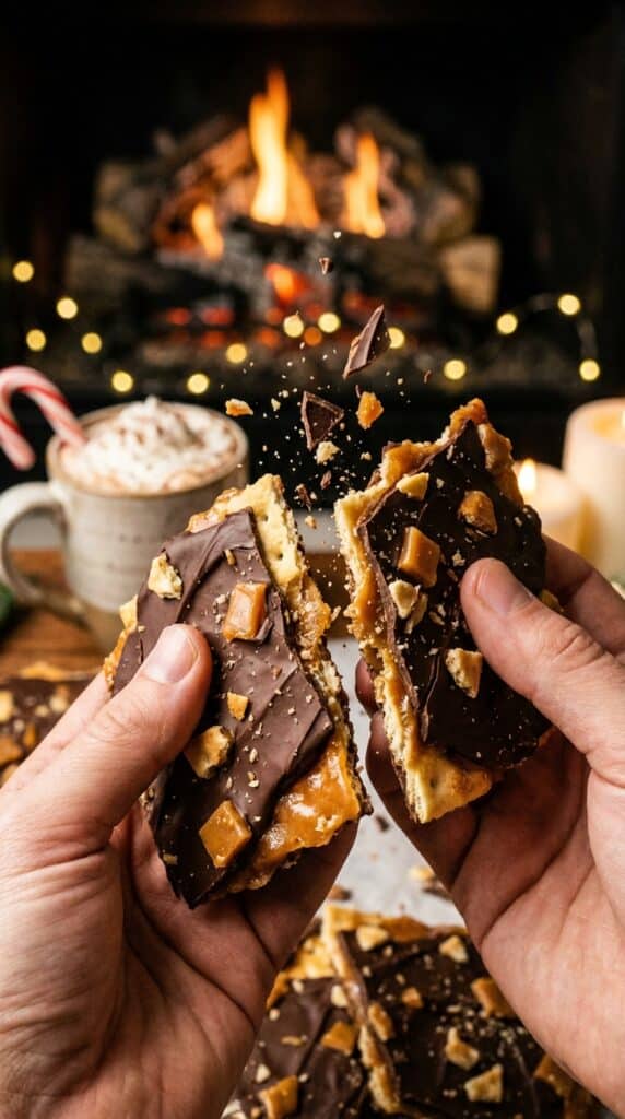 A close-up of hands breaking a piece of chocolate toffee bark in half, showing the crisp, brittle texture of the caramel and cracker.