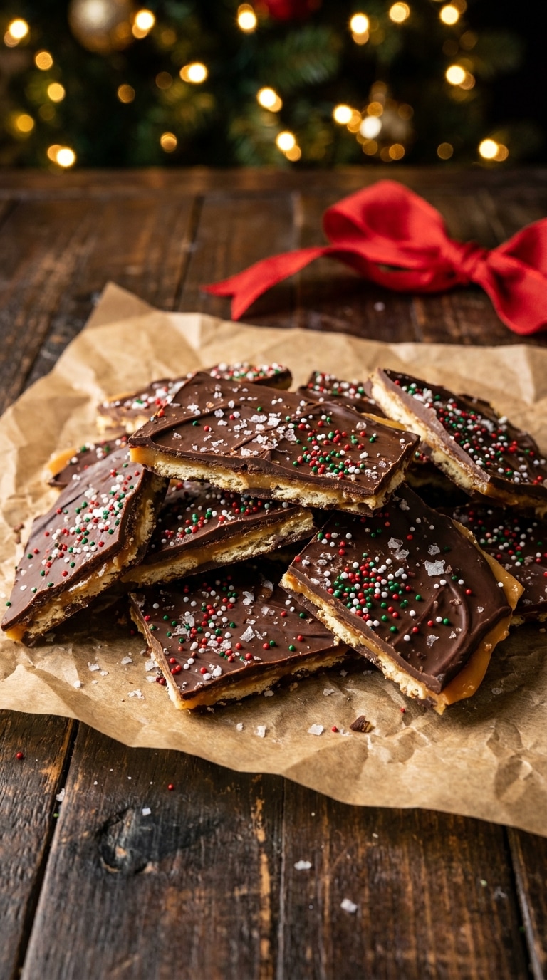 A close-up of broken pieces of saltine toffee bark topped with chocolate, sea salt, and holiday sprinkles on parchment paper.