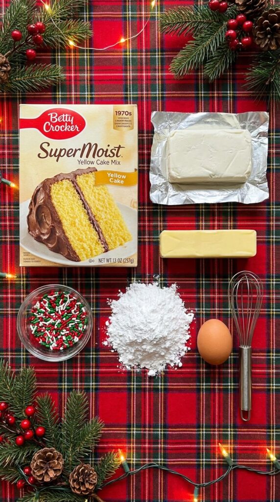 A flat lay showing a box of cake mix, cream cheese, butter, holiday sprinkles, powdered sugar, and an egg on a red plaid tablecloth.