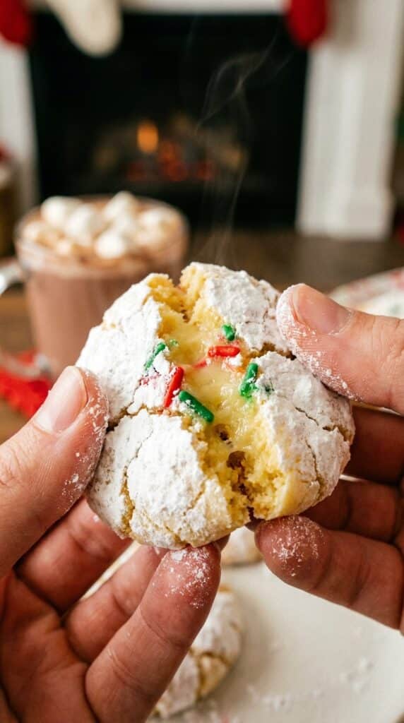 A close-up of hands breaking a powdered sugar crinkle cookie in half, revealing a soft, gooey center with holiday sprinkles.