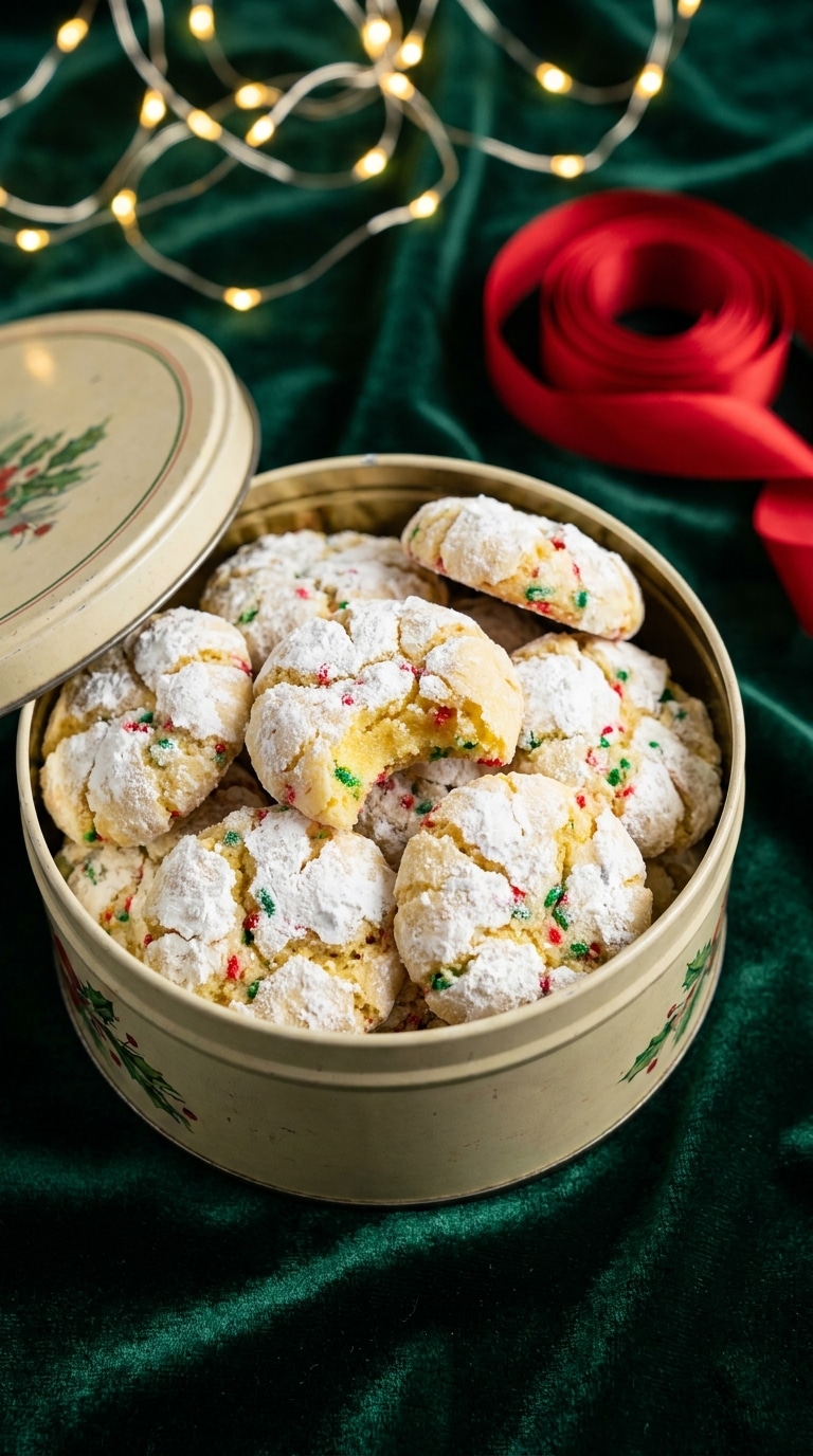 A holiday tin filled with powdered sugar crinkle cookies speckled with red and green sprinkles on a green velvet cloth.