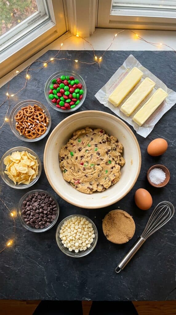 A flat lay showing cookie dough surrounded by bowls of M&Ms, crushed pretzels, potato chips, chocolate chips, butter, and brown sugar on a dark slate board.