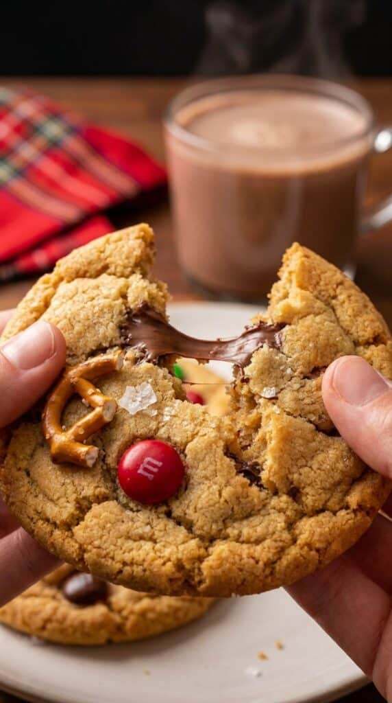 A close-up of hands breaking a thick, loaded Christmas cookie in half, showing a gooey melted chocolate center, a red M&M, and pretzel pieces.