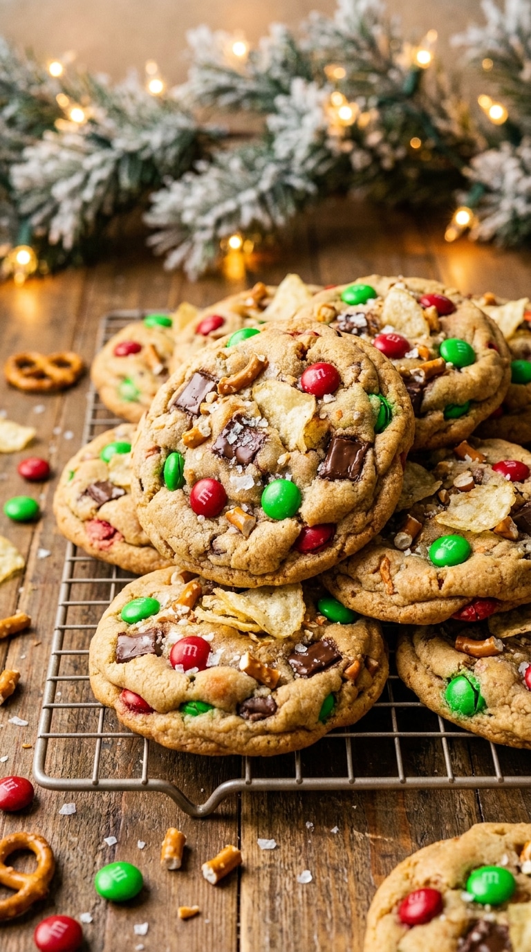 A stack of thick, golden-brown cookies loaded with red and green M&Ms, pretzels, potato chips, and chocolate chunks on a wire cooling rack.