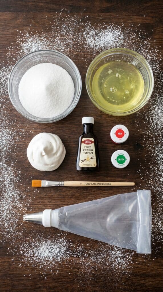 A flat lay showing egg whites, sugar, vanilla, red and green food coloring, a paintbrush, and a piping bag on a wooden board.