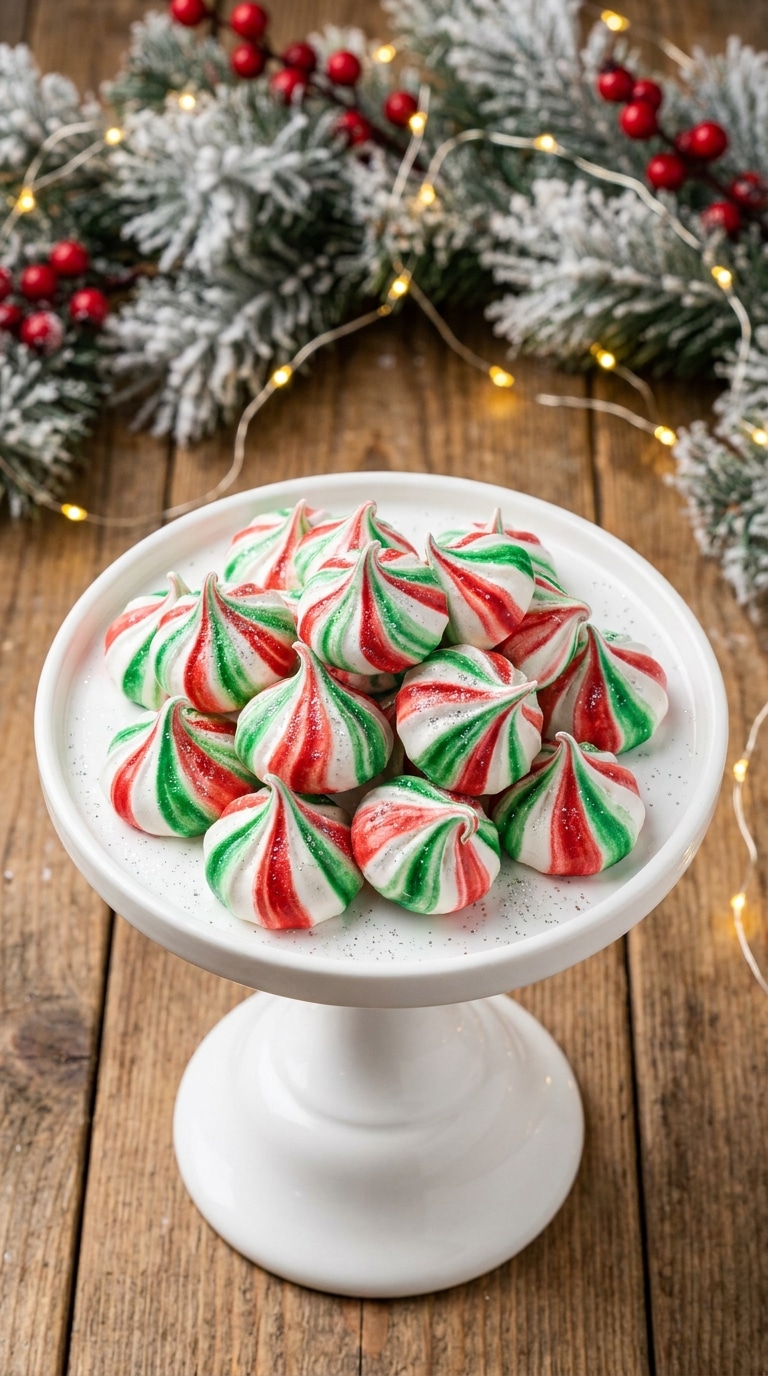 A white cake stand filled with bright white meringue cookies featuring red and green stripes, set against a festive holiday background.