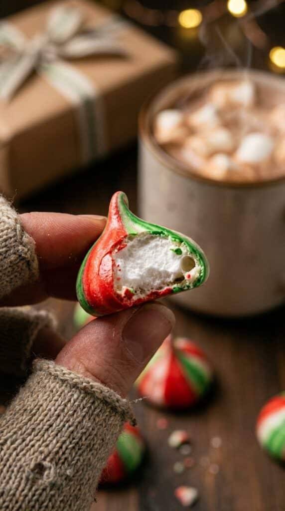 A close-up of a hand holding a striped meringue kiss with a bite taken out, revealing the airy, crisp texture inside.