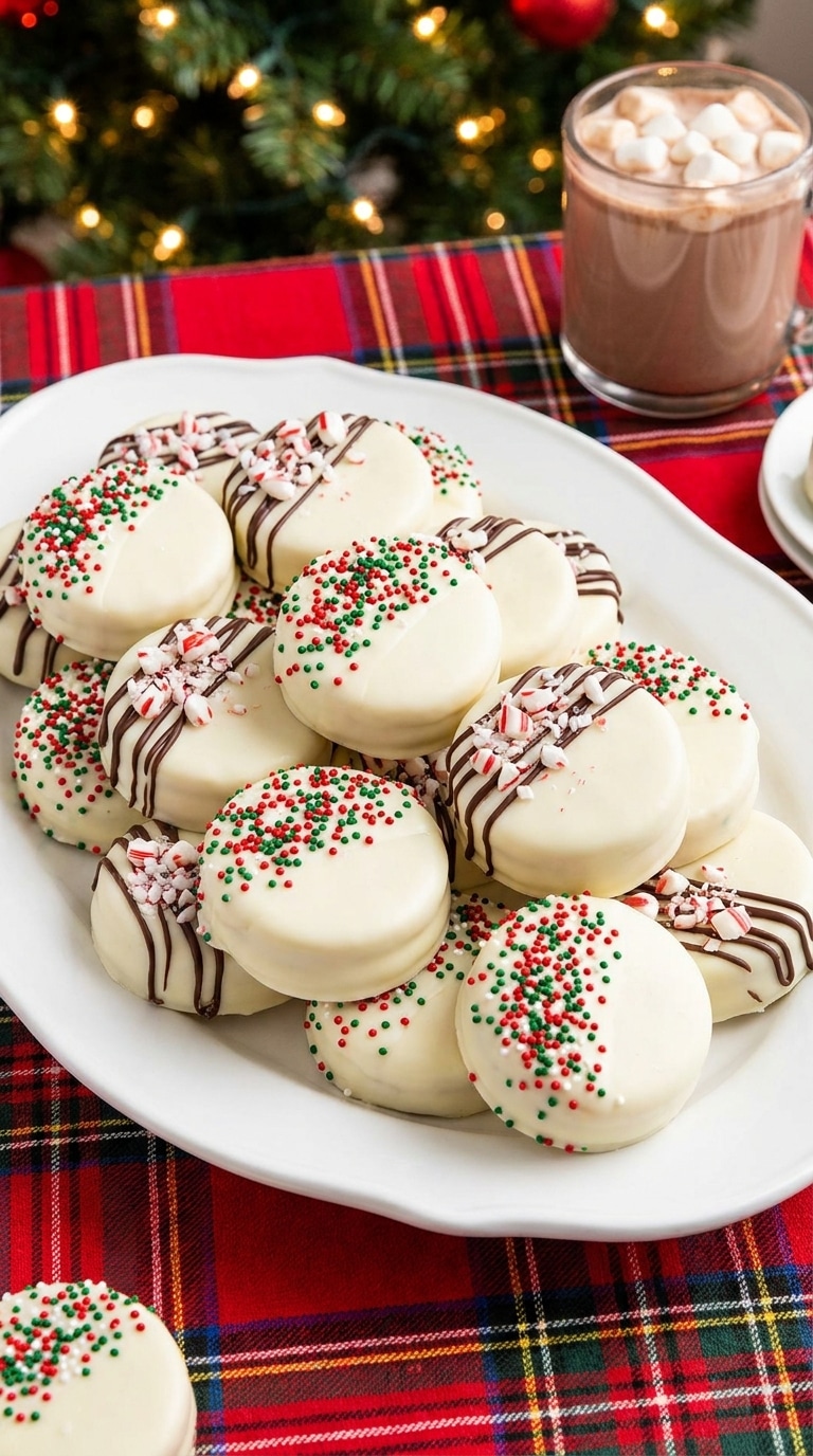 A white platter filled with white chocolate-dipped Oreos decorated with red and green sprinkles and crushed peppermint, sitting on a plaid tablecloth.