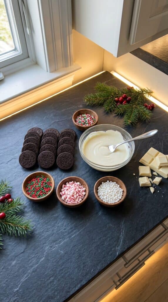 A flat lay showing plain chocolate sandwich cookies, melted white chocolate, and small bowls of holiday sprinkles and crushed peppermint on a dark slate board.