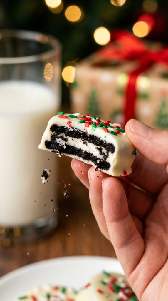 A close-up of a hand holding a white chocolate-dipped Oreo with a bite taken out, showing the dark cookie and cream center inside, with milk in the background.