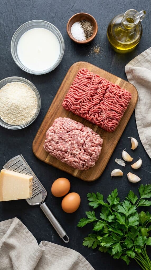 A flat lay showing raw ground beef, pork, milk, breadcrumbs, parmesan cheese, eggs, garlic, and parsley on a dark slate board.