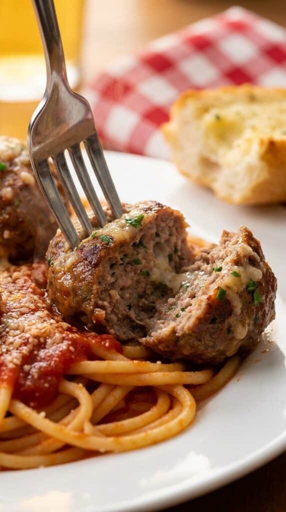 A close-up of a fork cutting into a tender meatball resting on spaghetti with marinara sauce, showing a juicy interior.