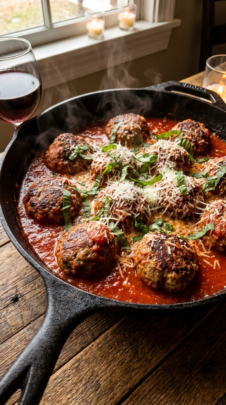 A top-down view of a cast iron skillet filled with large Italian meatballs simmering in red marinara sauce, topped with parmesan and fresh basil.