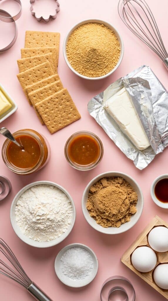 A flat lay showing graham crackers, crumbs, cream cheese, caramel sauce, flour, brown sugar, eggs, and flaky sea salt on a pink background.