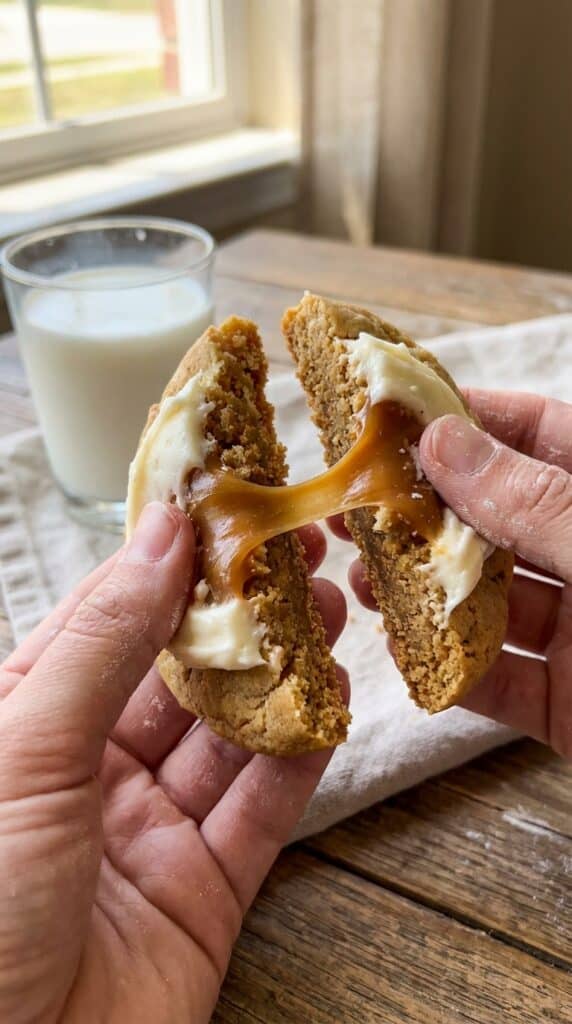 A close-up of hands breaking a large frosted caramel cookie in half, showing a soft, doughy center and a sticky caramel pull.