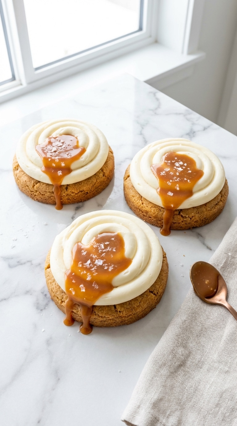 Three large graham cracker cookies topped with a swirl of cream cheese frosting, a pool of caramel, and flaky sea salt on a marble counter.