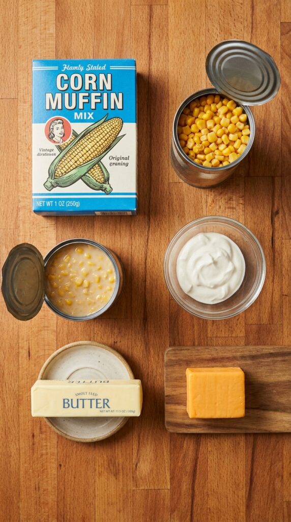 A flat lay showing a box of corn muffin mix, cans of whole and cream-style corn, sour cream, butter, and cheese on a wooden board.