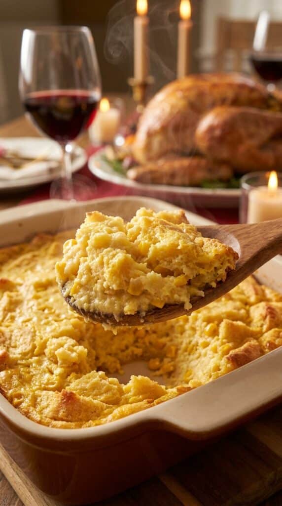 A close-up of a wooden spoon lifting a steaming scoop of creamy, golden corn casserole from a baking dish.