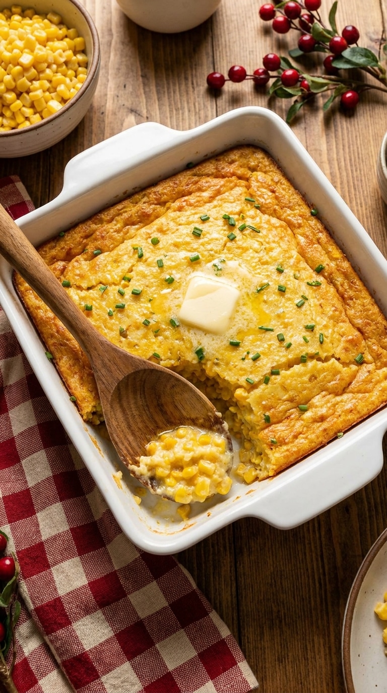 A top-down view of a golden-brown baked corn casserole in a white square dish with a scoop missing, showing the creamy interior.