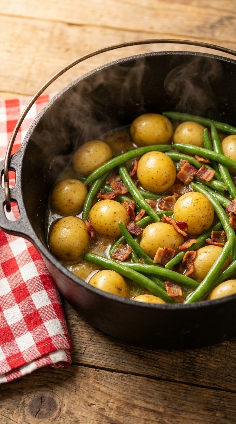 A top-down view of a cast iron pot filled with tender green beans, baby potatoes, and crispy bacon in a buttery broth.