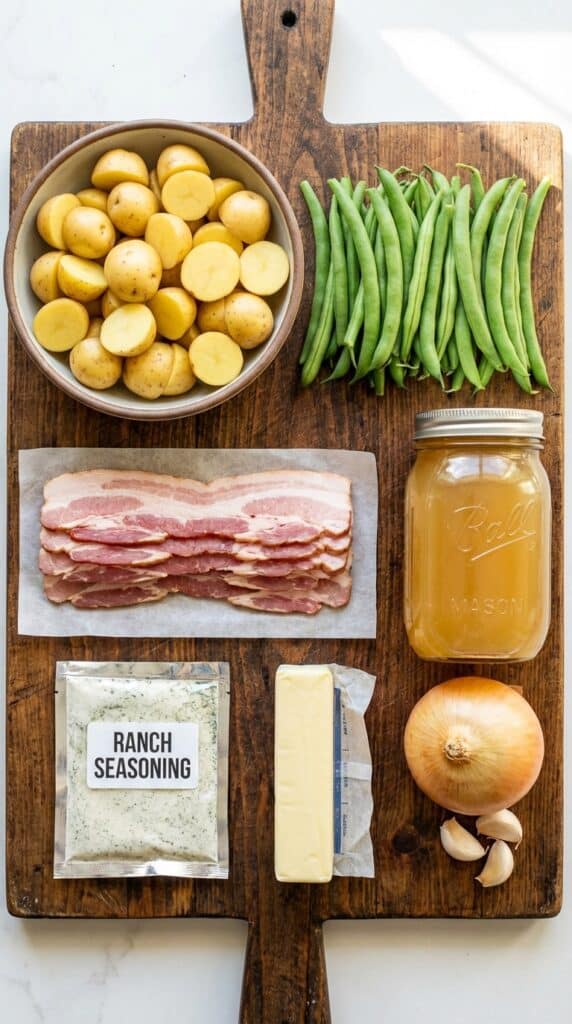A flat lay showing fresh green beans, baby potatoes, raw bacon, butter, ranch seasoning, and chicken broth on a wooden board.
