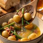 A wooden spoon lifting steaming green beans, potatoes, and bacon from a rustic ceramic bowl.