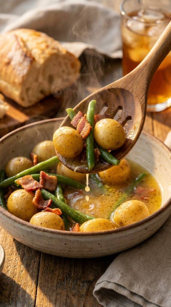 A wooden spoon lifting steaming green beans, potatoes, and bacon from a rustic ceramic bowl.