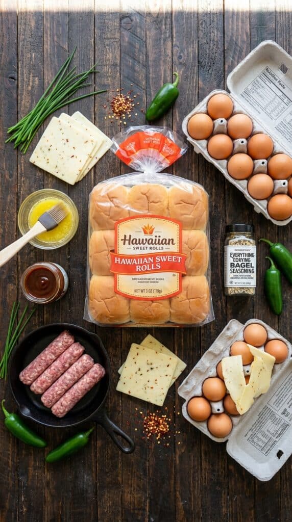 A flat lay showing Hawaiian rolls, breakfast sausage, eggs, pepper jack cheese slices, butter, and BBQ sauce on a rustic wooden board.