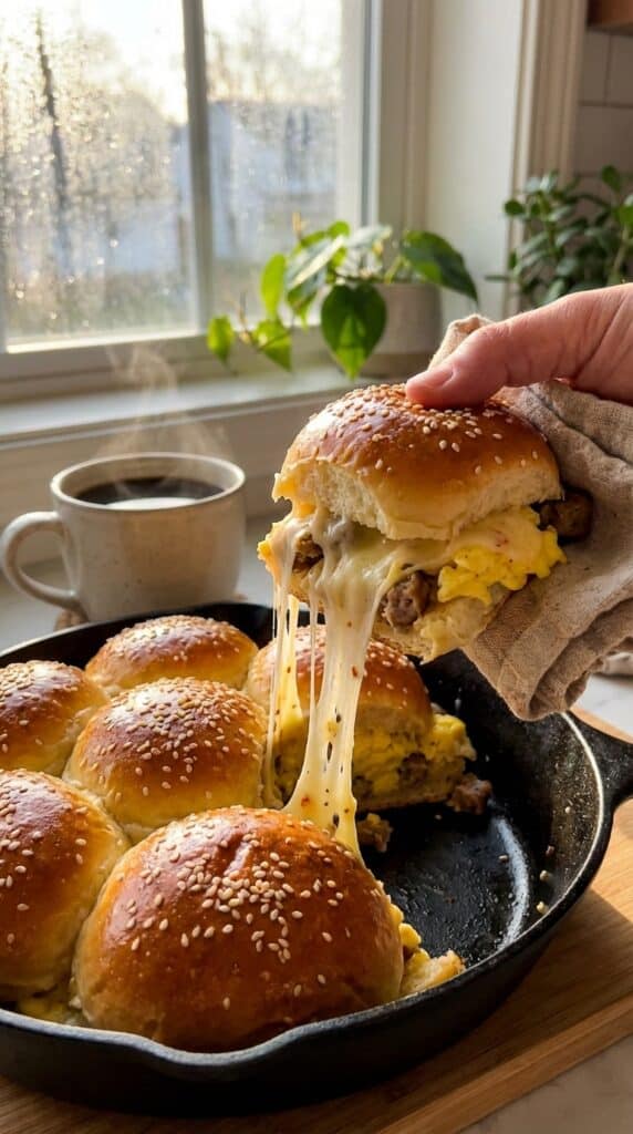 A close-up of a hand pulling a single breakfast slider from the pan, showing a gooey cheese stretch, fluffy egg, and sausage filling.