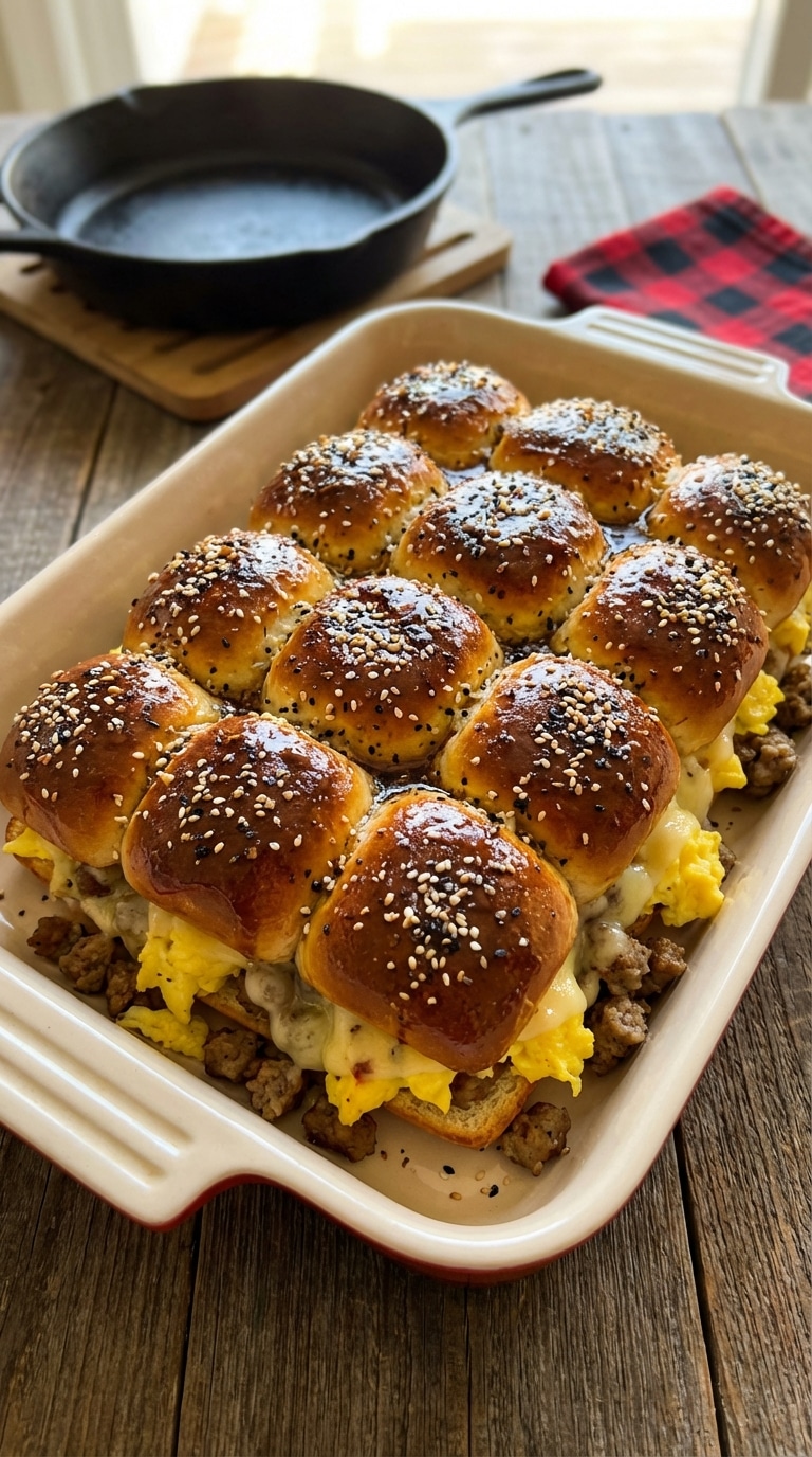 A baking dish of 12 pull-apart breakfast sliders filled with sausage, egg, and melted cheese, glazed with butter and seasoning.