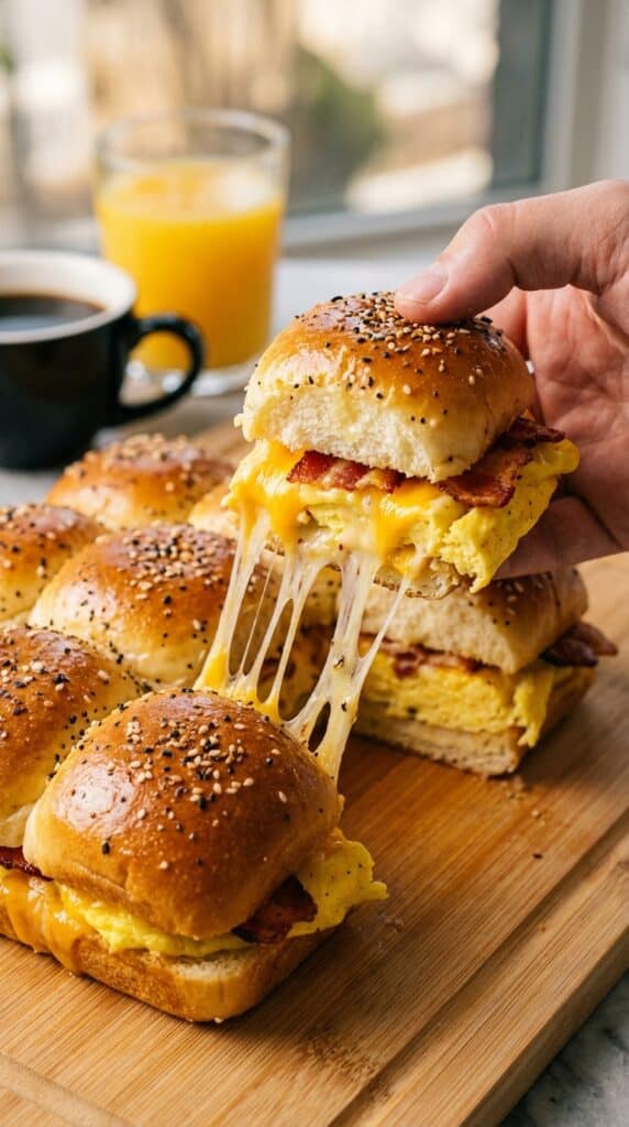 A close-up of a hand pulling a single bacon, egg, and cheese slider from a batch, creating a long, gooey cheese pull.