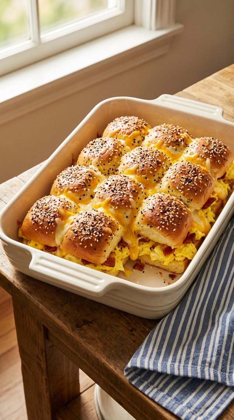 A baking dish filled with a dozen baked Hawaiian roll breakfast sliders, topped with seasoning and oozing with melted cheese.