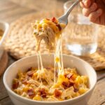 A close-up of a fork lifting a creamy, cheesy bite of casserole from a bowl, showing a long cheese pull and bacon bits.