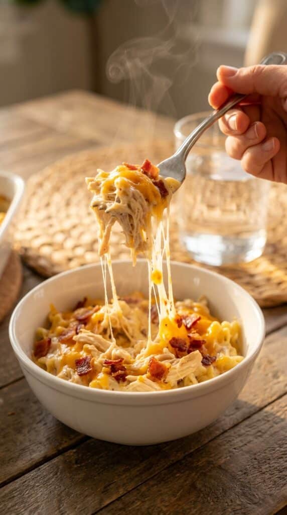 A close-up of a fork lifting a creamy, cheesy bite of casserole from a bowl, showing a long cheese pull and bacon bits.