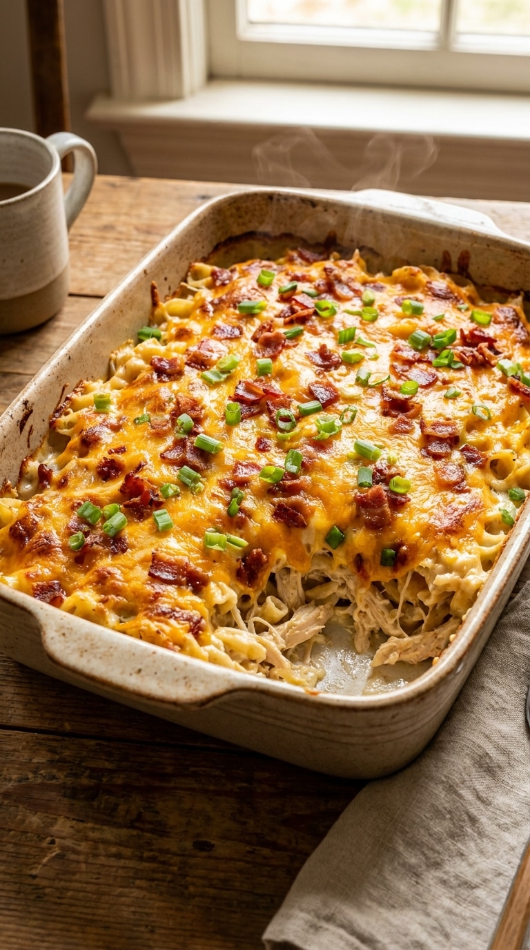 A top-down view of a rectangular baking dish filled with a baked chicken and pasta casserole topped with bubbly melted cheddar cheese, crispy bacon crumbles, and green onions.