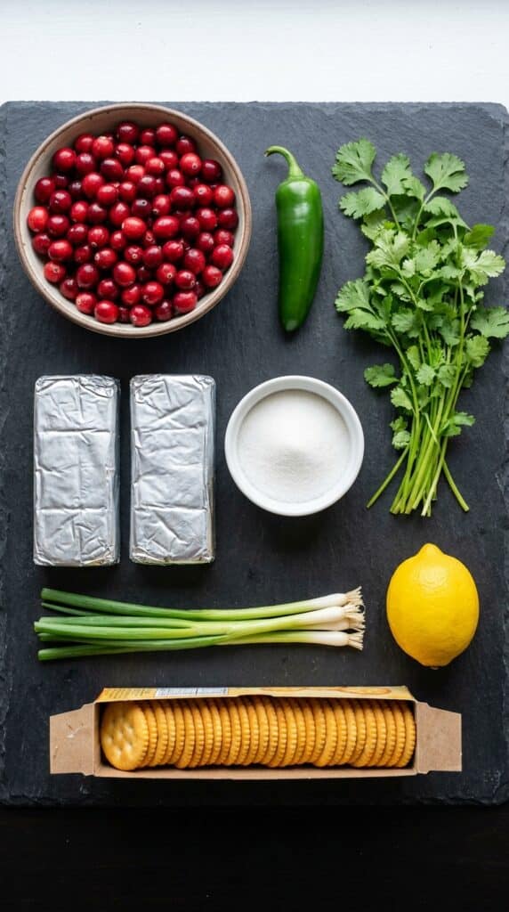 A flat lay showing fresh cranberries, cream cheese blocks, sugar, jalapeño, cilantro, lemon, and crackers on a dark slate board.