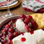 A close-up of a buttery cracker scooping up a layer of white cream cheese and glossy red cranberry salsa.