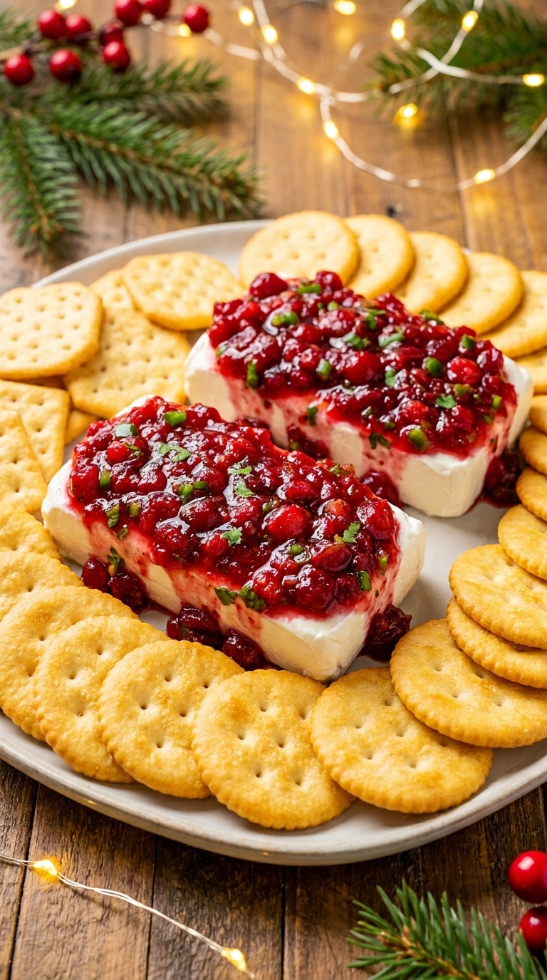 A festive platter featuring a block of white cream cheese covered in chunky red cranberry salsa, surrounded by buttery crackers and holiday decor.