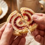A close-up of hands breaking a jam pinwheel cookie in half, revealing a flaky cream cheese crumb and glossy red jam center.