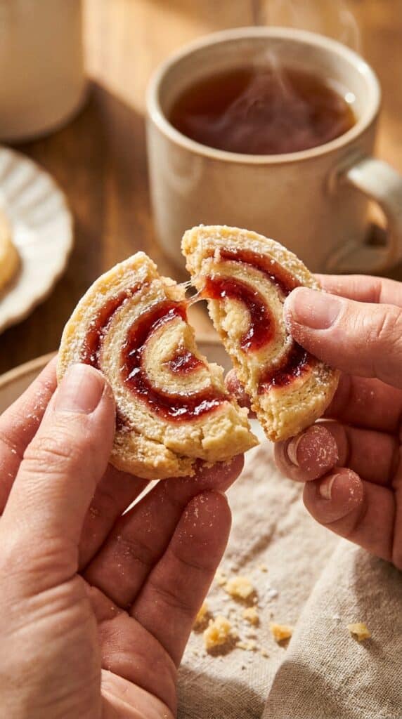 A close-up of hands breaking a jam pinwheel cookie in half, revealing a flaky cream cheese crumb and glossy red jam center.