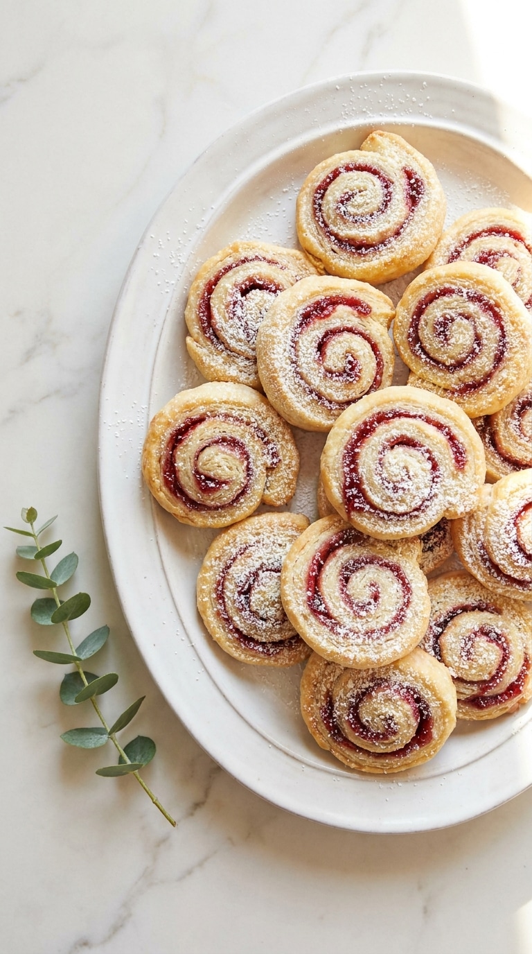 A white ceramic platter filled with powdered sugar-dusted pinwheel cookies showing bright red raspberry jam spirals.