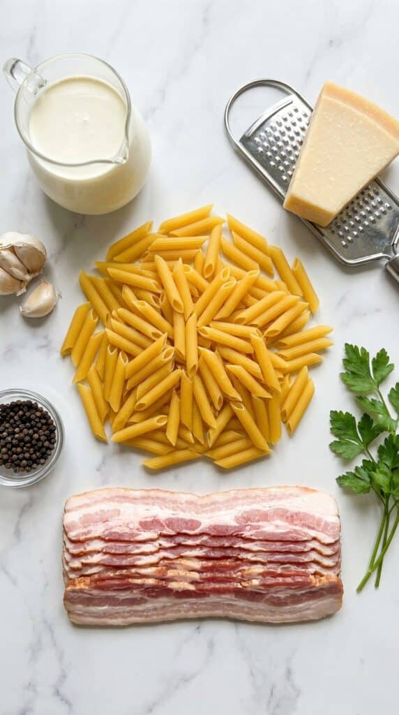 Alt Text: A flat lay showing dry penne pasta, raw bacon, heavy cream, a parmesan wedge, garlic, and parsley on a marble board.