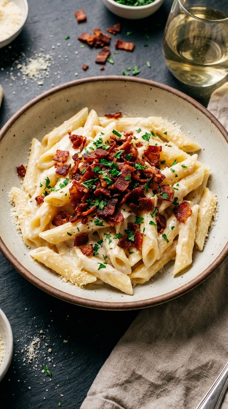 A top-down view of a rustic bowl filled with penne pasta coated in cream sauce, topped with crispy bacon and parsley.
