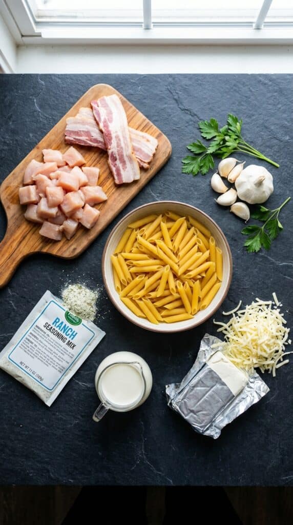 A flat lay showing dry penne pasta, raw diced chicken, bacon strips, a ranch seasoning packet, heavy cream, cream cheese, and garlic on a dark slate board