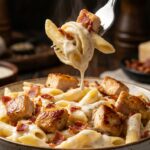 A close-up of a fork twirling penne pasta, a piece of chicken, and bacon coated in creamy ranch sauce, with steam rising.
