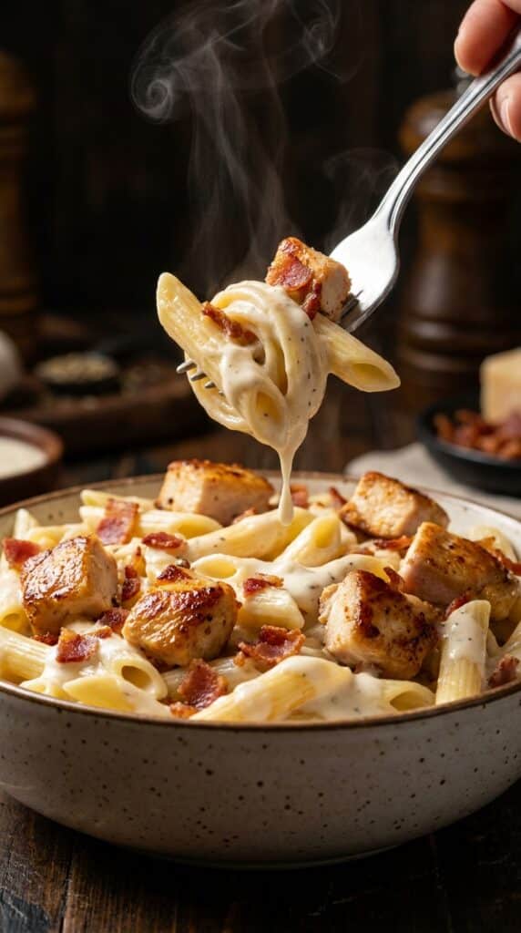 A close-up of a fork twirling penne pasta, a piece of chicken, and bacon coated in creamy ranch sauce, with steam rising.