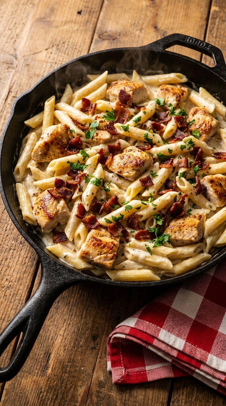 A top-down view of a cast iron skillet filled with creamy pasta, golden chicken chunks, and crispy bacon bits, garnished with fresh parsley.