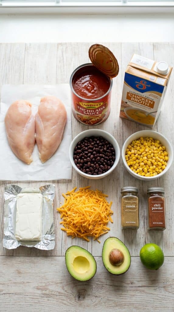 A flat lay showing raw chicken, canned enchilada sauce, black beans, corn, cream cheese, cheddar cheese, spices, and avocados on a wooden board.