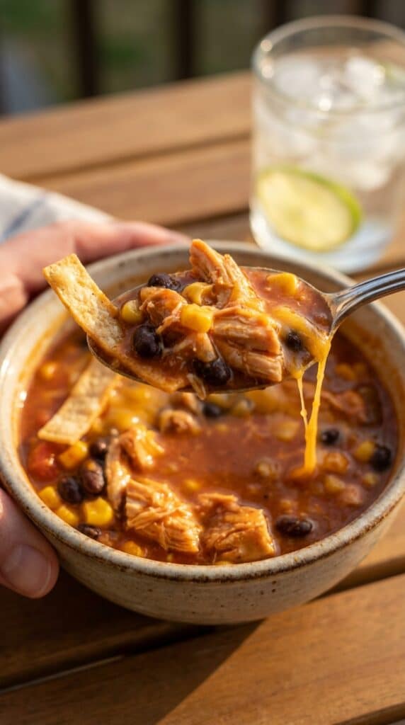 A close-up of a spoon lifting a hearty bite of creamy chicken enchilada soup with a crispy tortilla strip and melted cheese.